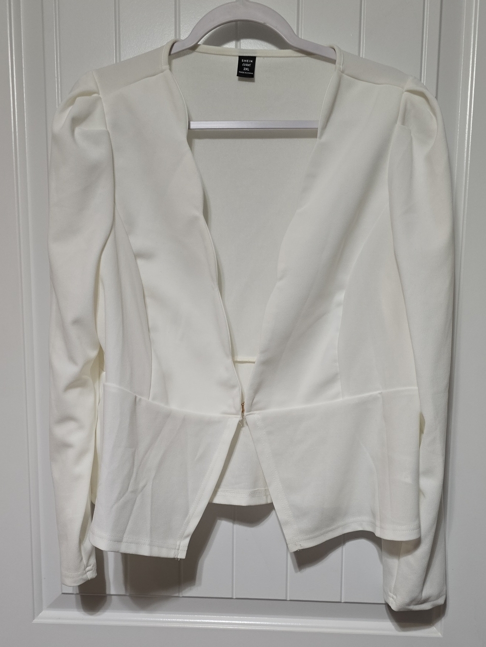 SHEIN Cream Open-Front Peplum Blazer with Puff Shoulders